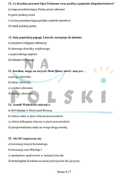 "Kordian" - test jednokrotnego wyboru ze znajomości lektury | Na Polski
